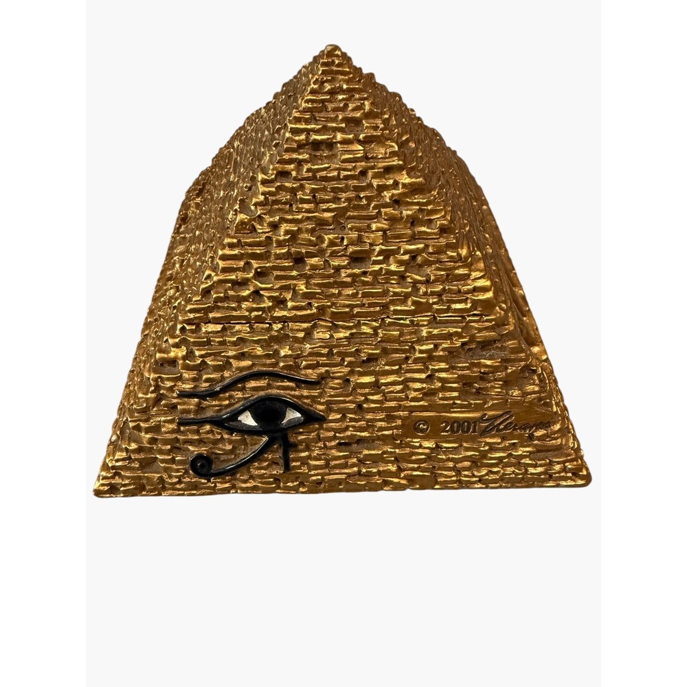 Vintage 2001 Egyptian Pyramid Trinket Box Gold Eye of Horus Hinged Jewelry Case